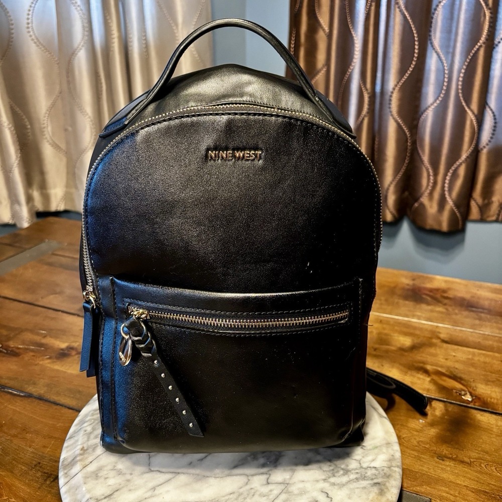 Nine West Black Faux Leather Small Dome Backpack Gold Hardware Travel Bag 12x9x4
